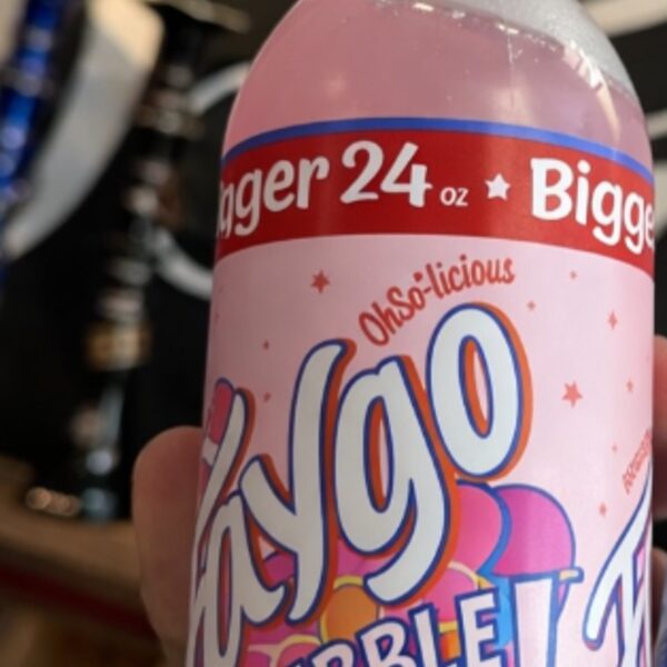 Pink 24 ounce bottle of Faygo Bubble Pop soda