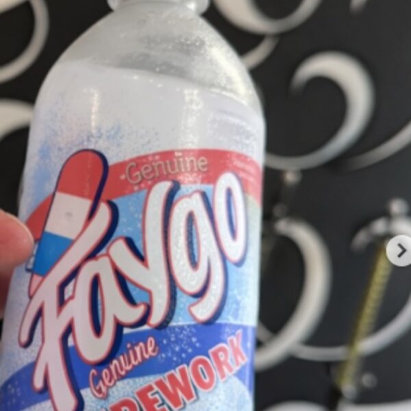 Bottle of Faygo Firework soda with a red, white and blue label