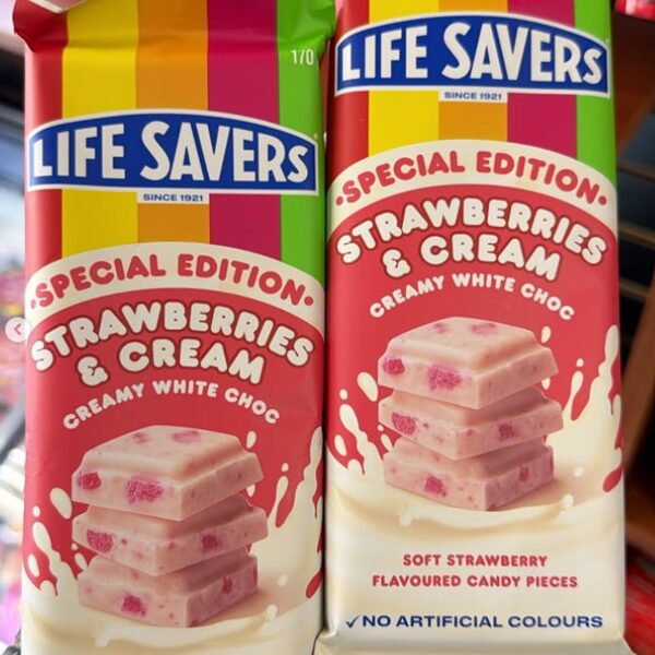 Two bags of Life Savers Special Edition Strawberries and Cream creamy white choc, imported from Australia