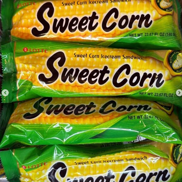 Green wrapped Lotte Sweet Corn ice cream bars with corn printed on the pack, imported from Korea