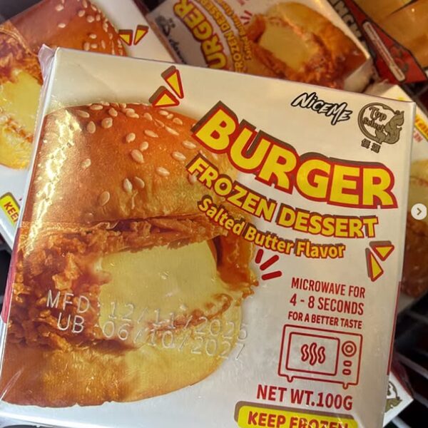 Boxed Niceme Burger frozen dessert, a burger shaped ice cream in salted butter flavor, imported